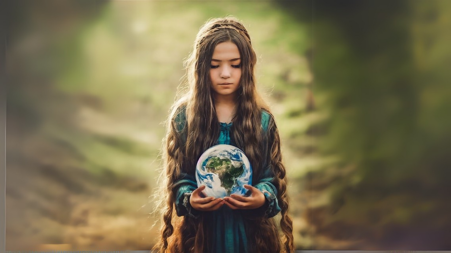 A girl caring globe